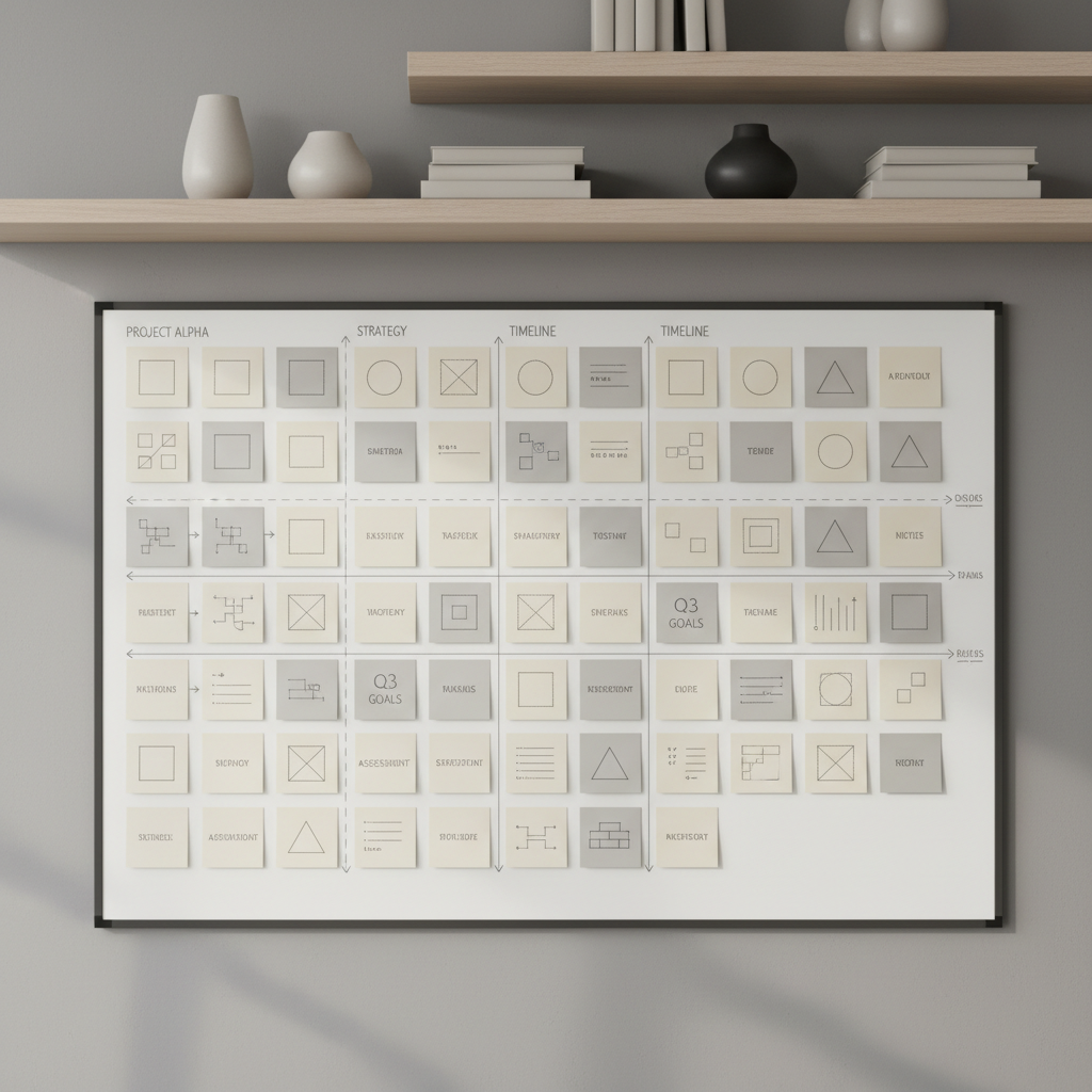 A detailed shot of a sophisticated wall-mounted whiteboard covered with crisp, precisely arranged neutral-toned sticky notes and geometric diagrams, all outlined in sleek grey marker. The whiteboard is set within a modern workspace with minimalist shelving in the background, all in muted beige and grey tones. Natural diffused daylight enters from an unseen window, illuminating the board with soft, even light, and casting faint, tidy shadows. The mood is structured and intellectually engaging, captured from a straight-on perspective with balanced, centered composition. The style is deeply photographic, reflecting strategic alignment and process-driven consulting outcomes.