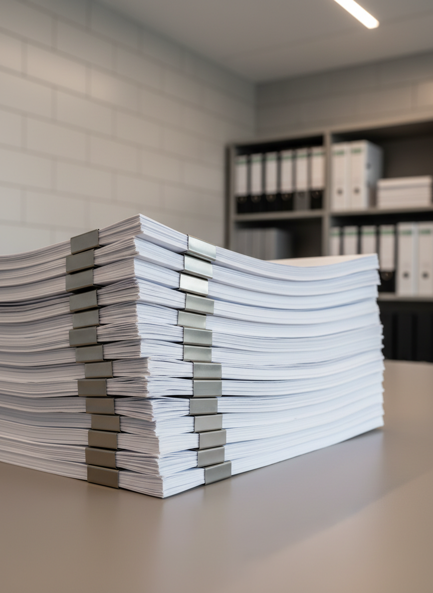 A close-up of a stack of perfectly aligned documents with understated matte silver binder clips on a smooth taupe desk, set against a structured, blurred backdrop of organized office shelving and soft grey wall tiles. Overhead soft LED lighting creates clean highlights with gentle, diffuse shadows, evoking a sense of order and clarity. The image is captured from a slight overhead angle, emphasizing the meticulous organization and attention to detail. The composition follows the rule of thirds with sharp focus on the foreground, illustrating a professional, reliable, and systematic approach characteristic of expert HR consulting.