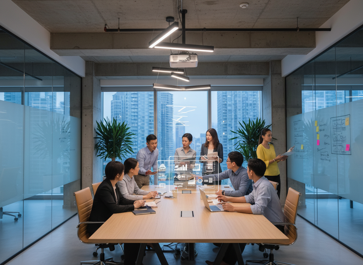 a professional group of diverse people collaborating in a modern office setting, suitable as a website hero cover background