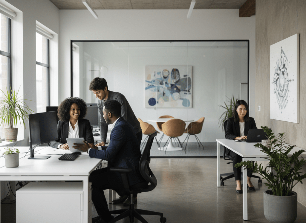 A professional office setting with a diverse group featuring Black women included prominently, fewer people than before, showing a modern, inclusive workplace.