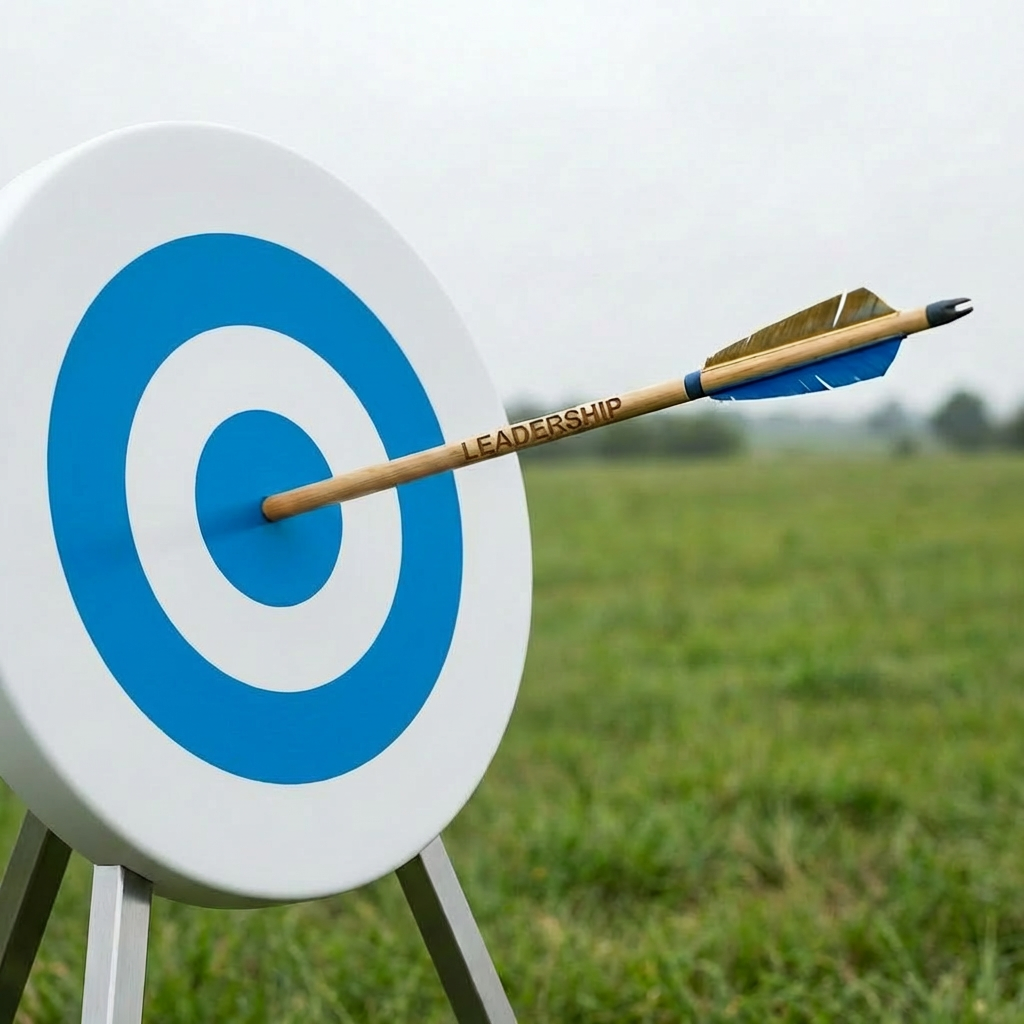 Straw target with an arrow engraved with "LEADERSHIP" hitting the center bullseye.