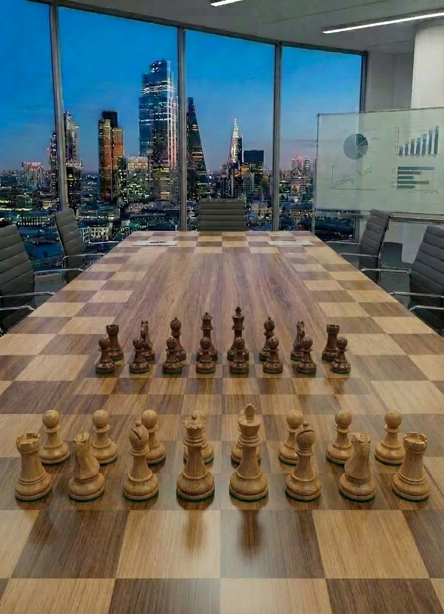 Large stack of documents titled "Winning Chess Strategy" with a detailed chess board diagram.